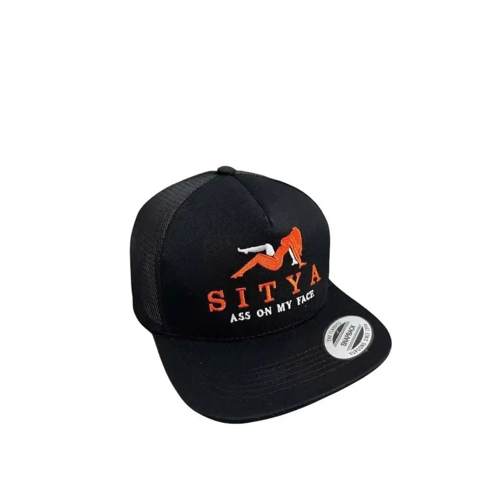 SITYA Unisex Black Baseball Cap - Statement Piece with Orange Logo, Bold Text, Breathable Mesh Back, for Casual Wear