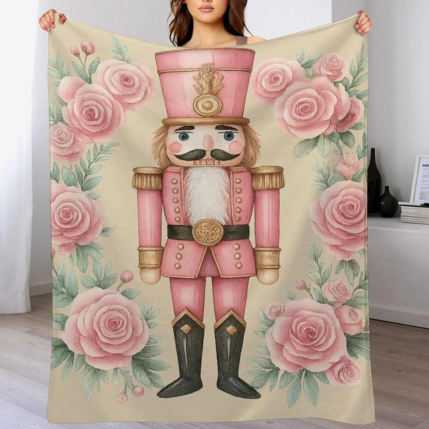 Flannel Blanket | Nutcracker Pink Rose Wreath Flannel Blanket Fuzzy Comfy Throw Blankets For Bed Couch Sofa Soft Cozy | Gift Blanket / All Season