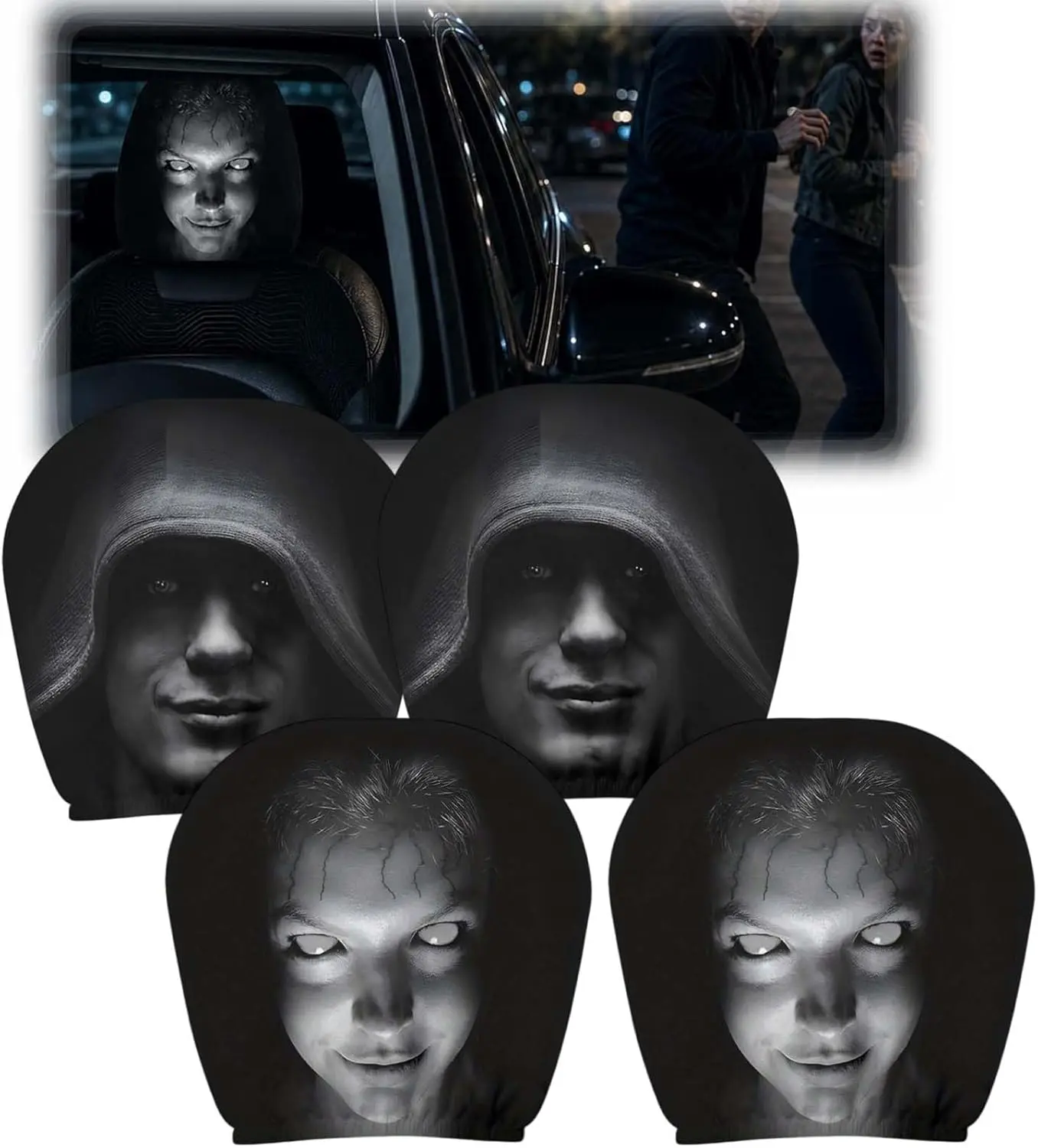 4 Pcs Ghost Face Headrest Covers for Cars, Scary & Funny Cartoon Car Headrest Covers, Spooky Auto Head Rest Protector with Ghost Face Mask Design, for Vehicle Truck SUV (Set a)
