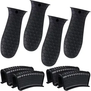 8 Pcs Black Silicone Pot Holders Set, Heat Resistant Non Slip Reusable Pot Handle Covers Pan Sleeve for Cast Iron Frying Pan, Kitchen Cooking Supplies
