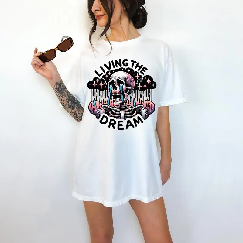 Living the Dream - T-Shirt, Skeleton Rainbow, Bright Graphic, Funny Apparel, Gift Idea, Relaxed Fit, Casual Apparel, Cute Top, Great with Jeans, All Seasons, Fun Style, Comfortable Shirt