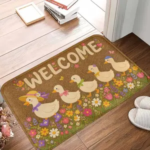Welcome Duck Family Doormat  Cute Cartoon Duck and Floral Print  Non Slip Durable Easy Clean Outdoor Indoor Mat  Perfect for Entryway Porch Kitchen Patio Housewarming Gift Decor summerwins