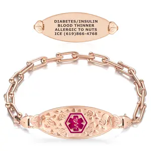Custom Engraved PVD Rose Gold Cherry Blossom U-Link Medical ID Bracelet