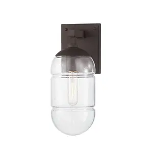 Poston Outdoor Wall Sconce with Textured Bronze Backplate and Seeded Glass Shade