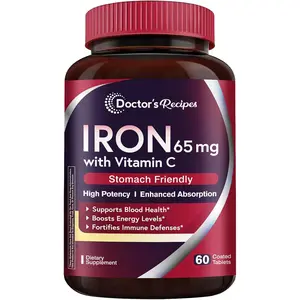 65mg Iron Supplement with Vitamin C High Absorption and Stomach Friendly Iron Pills for Red Blood Cell Formation Heart Brain and Immune Support Cellular Energy and Vitality Booster Daily Mineral Vegetarian Vegan Non GMO 60 Tablets