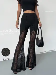 Ladies' black lace spliced high waisted flared pants, high waisted slimming leg length, see through lace sexy girl pants, suitable for spring, summer and autumn, European-American style, Y2K style, Evening, nightclub party style, daily commuting wear