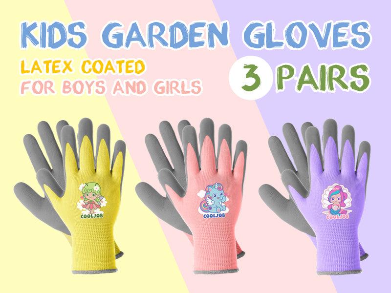 COOLJOB 3 Pairs Kids Gloves, Grippy Rubber Coated Garden Work Gloves for Children, Purple & Pink & Yellow
