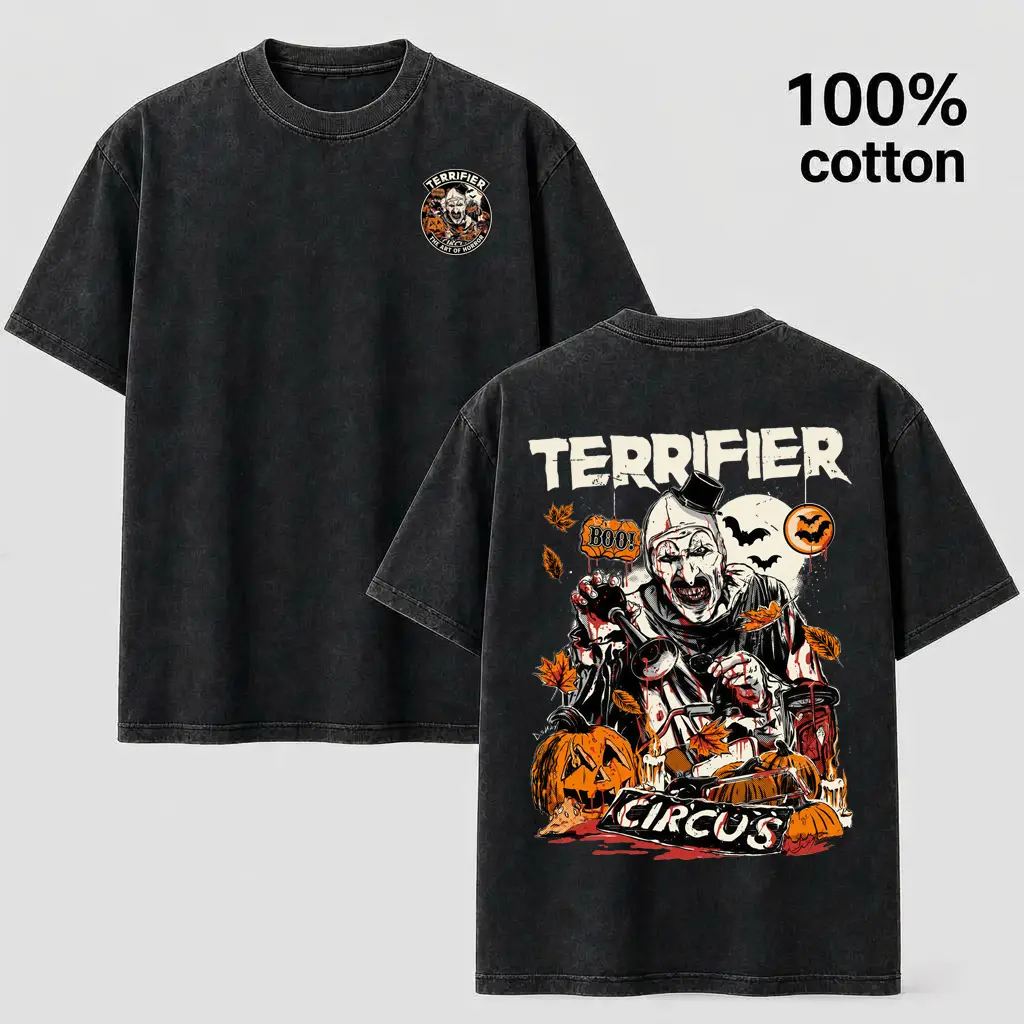 Retro Washed Dark Circus Clown Halloween Pattern T-shirt