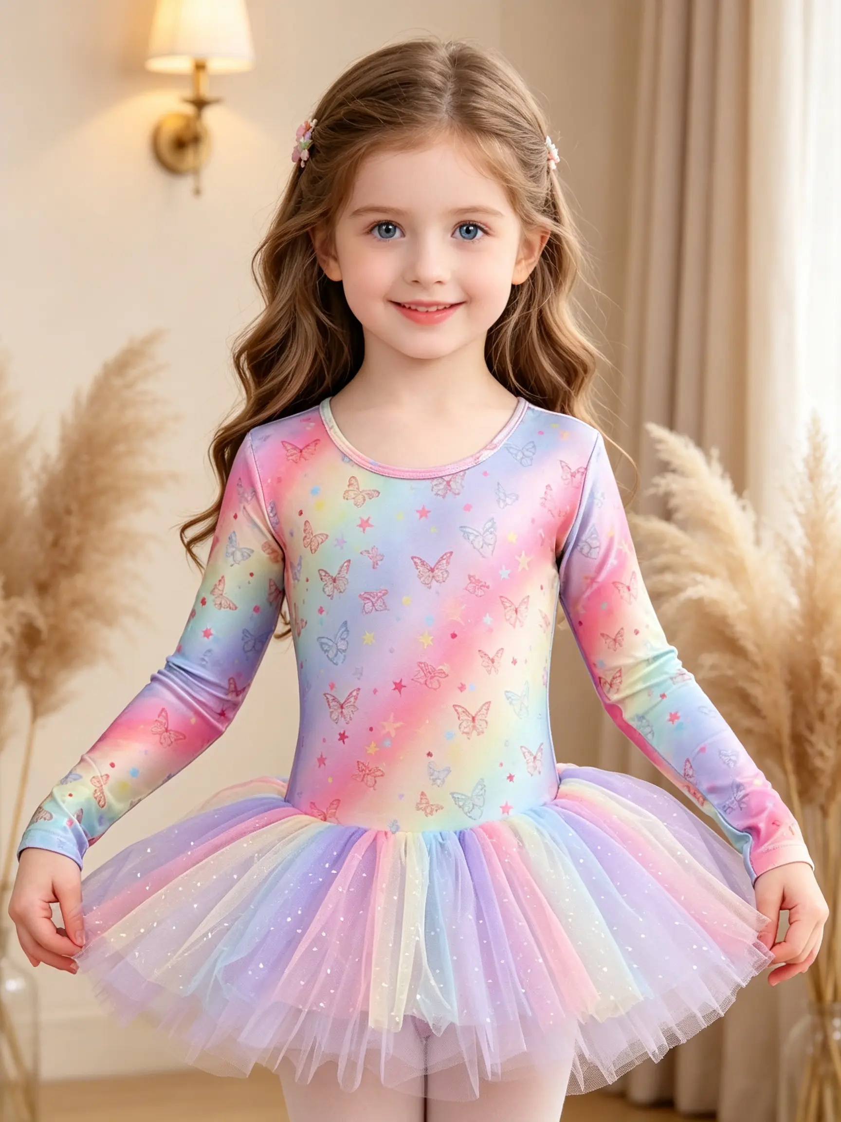 Little Girls Long Sleeve Ballet Leotard Princess Tutu Dress, Rainbow Butterfly Print Glitter Tulle Ballerina Costume for Dance Class Birthday & Dress Up