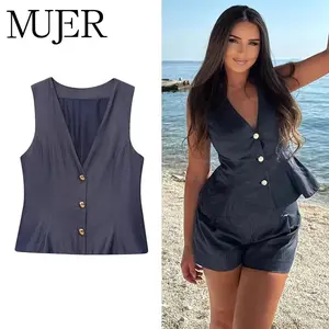 MUJER Ruched Sleeveless Vest Top Woman Gold Button Waistcoat Women Holiday Casual Women's Vest Streetwear Jacket Vests for Women