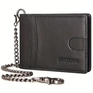 Chain Wallets for Men, Genuine Leather Blocking Bifold Wallet RFID Protective Credit Card Holder with Money Clip, Pickpocket Proof Slim Chain Wallet for Men