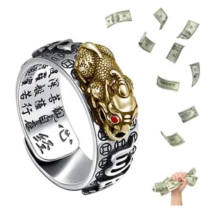 Feng Shui Pixiu Mantra Amulet Lucky Adjustable Ring Buddhist Good Luck Mantra Double Protection Wealth Love Health Ring Vintage Ring Jewelry Gift