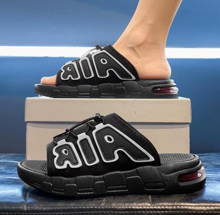 AIR Letter Air Cushion Thick Sole Slide Sandals Red/Black Color Block Drawstring Single Strap Unisex Sport Style Outdoor Slippers