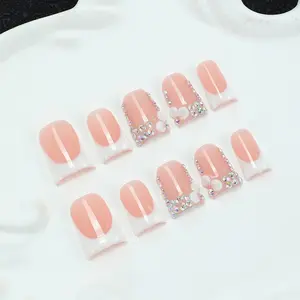 10 pieces/set of handmade nail tips, Fake Nails, Y2K, Colorful diamonds, Glitter rhinestones, Sparkly studded rhinestone, white gradient, hand drawn design, nail art patches, women's nail stickers, daily wear shiny nails, including toolkits