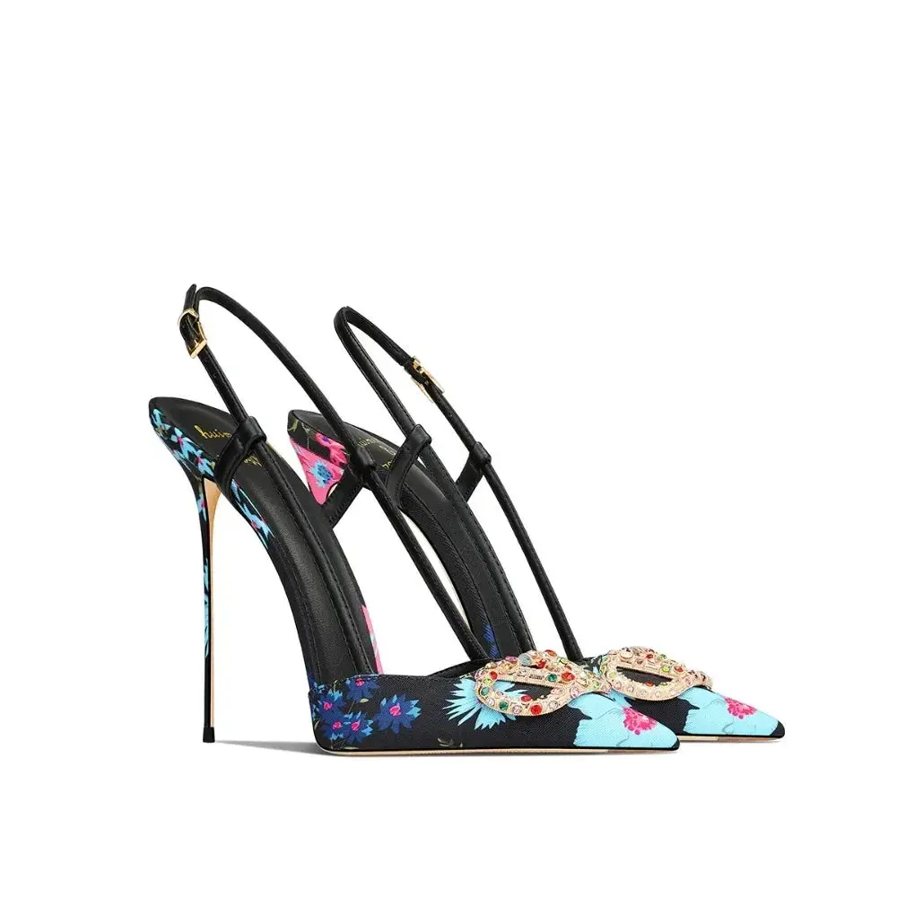 Heels & Pumps — Elegant Black Floral Pointed-Toe Stiletto Heels, Sophisticated Evening Pumps