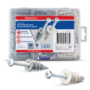 FixMaster Plaster Bite Self-Drilling Drywall Anchor Kit includes 50 Nylon & 50 Zinc Anchors w/ 100 Screws – Heavy Duty Hollow Wall Anchor Kit for 3/8", 1/2", 5/8" Drywall – 75 lbs Holding Strength - Great for all DIY home improvement jobs