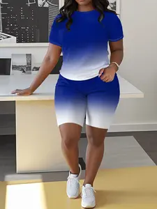 2pcs Plus Size Women's Plus Size Casual Polyester Gradient All Over Print Short Sleeve Crew Neck Top And Shorts Set, Fabric, Regular Fit, No Belt, Suitable for Spring And Summer Collection