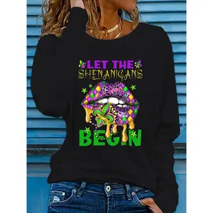 Women'S Plus Size Mardi Gras Graphic Tee - "Let the Shenanigans Begin" Print, Long Sleeve, Round Neck, Festive Purple & Green Lip Design, Casual Party Wear, Machine Washable, Casual Wear |   Mardi Gras Attire |   Applique Detail