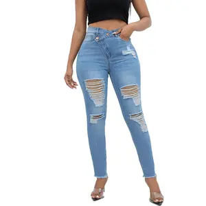 MNLYBABY Women's High Waisted Ripped Jeans Skinny Slant Button Jeans
