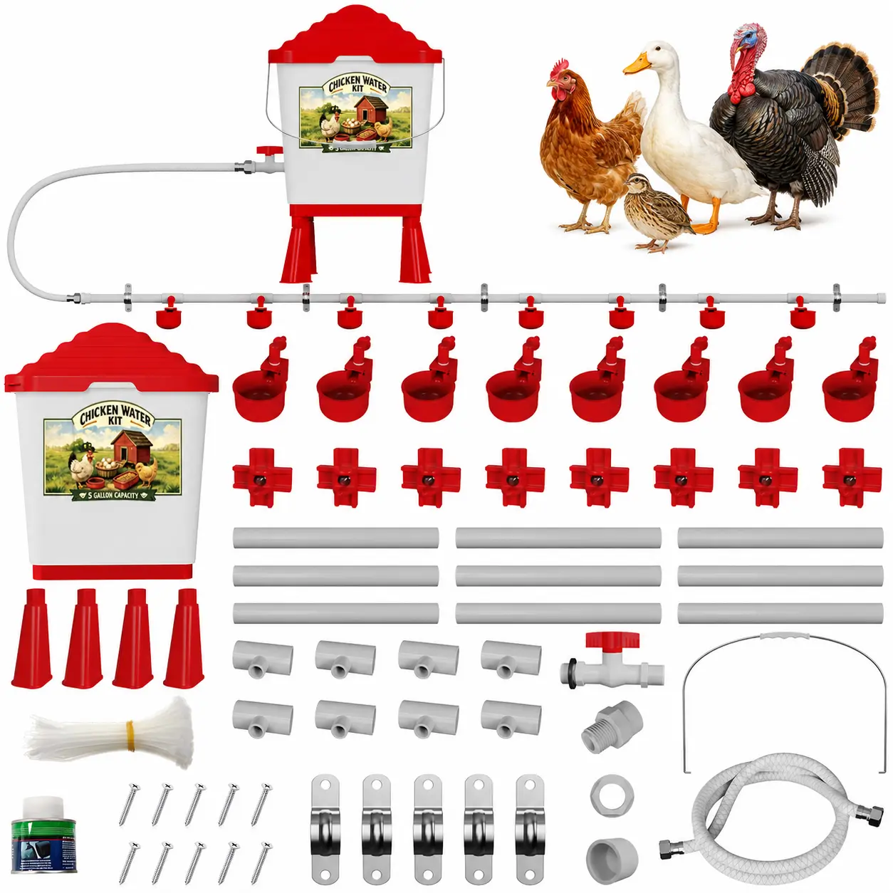Automatic Chicken Watering System Complete Set with 5-Gal Bucket, Pipeline, Waterer, 8 Cups, 8 Nipples for Poultry Small Animal Feeding Supplies