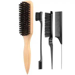 4PCS Slick Back Hair Styling Tools Set, Wooden Hair Brush, Edge Control Brush, Rat Tail Parting Comb and Teasing Comb, Hair Smoothing Kit for Baby Hair, Ponytail, Bun, Hairline Styling, Barber Salon Hair Tools for Women, Hair Styling Combs