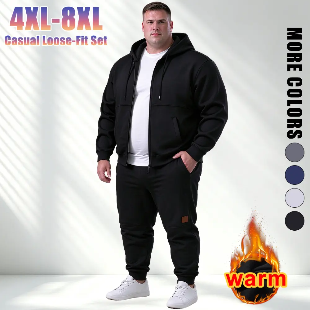 【500LBS】 Plus-size men’s loose casual set, complete with a zip-up hooded jacket and jogger sweatpants. The jacket features a smooth full-length zipper, an adjustable drawstring hood, and practical side pockets. The jogger sweatpants fit snugly at the ankl