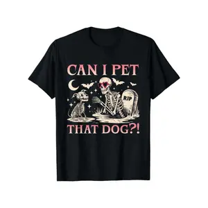 Men'S Funny "Can I Pet That Dog?" Halloween T-Shirt - Black Crewneck Tee with Skeleton & Dog Graphic, S-XXL Sizes, Comfortable Elastic Fit for Costume Parties & Daily Wear, Humorous Pet Lover Apparel, Year-Round Casual Short Sleeve Shirt, Can I Pet That D