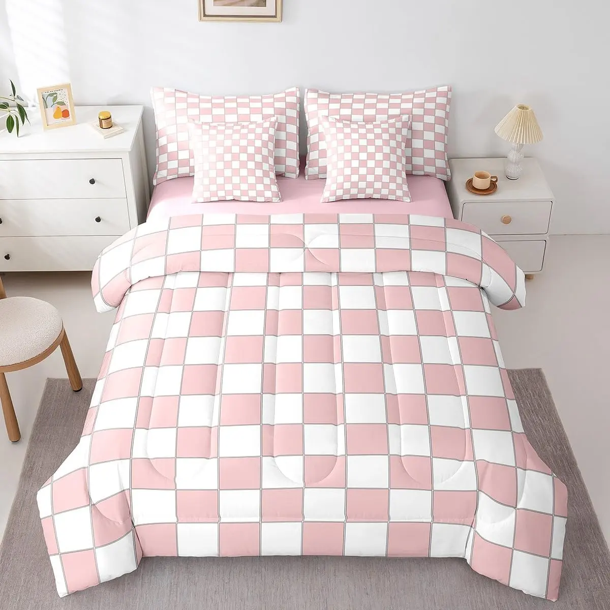 White Pink Plaid Comforter Set with Sheets 7 Piece Light Pink Checkerboard Bedding Set,Checkered Grid Bed in A Bag Modern Aesthetic Geometric Bed Set