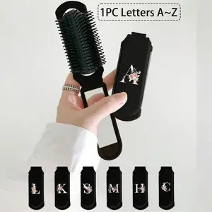 Senior Black Foldable Multifunctional Compact Cosmetic Brush With Air Cushion, Printed With The Initial Letters A~Z Of Flowers, Massage Comb With Mirror, Detachable