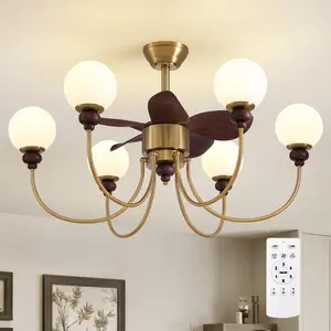 Luxury Mid Century Gold Fandelier 36" Large Ceiling Fans with Lights and Remote Control 6 Speeds 6 Lights Vintage Globe Chandelier Fan for Living Room Dining Room