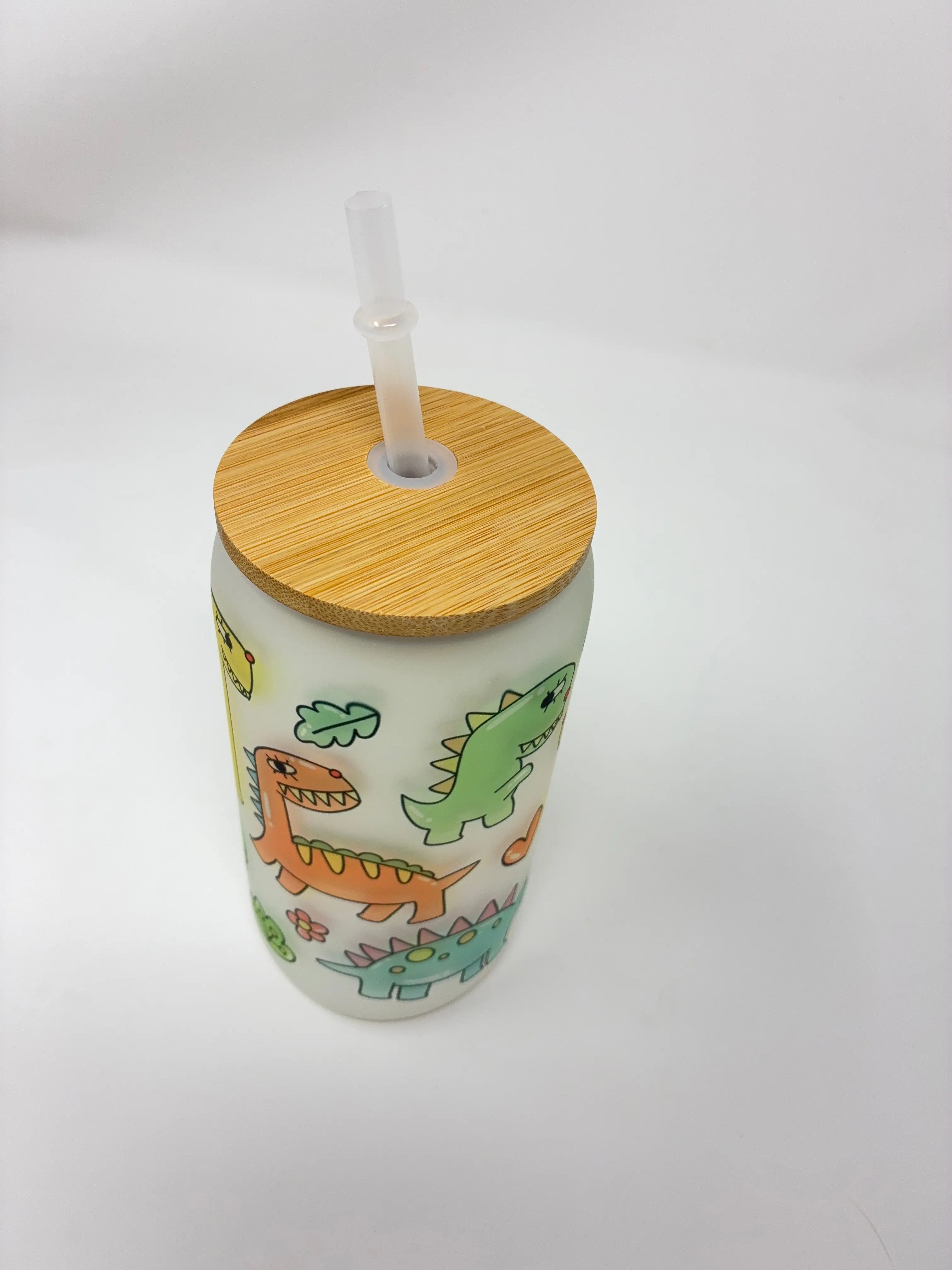 Dinosaur 16oz Glass Cup with Bamboo Lid and Straw