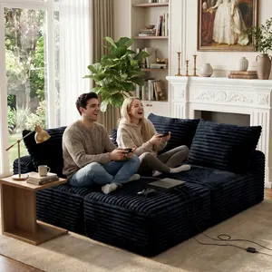 【Memorial Day Gift】 Joylsle Modern Italian Black 103" Plush Corduroy No Assembly Required L-Shaped Modular Cloud Collection Sectional Sofa with Side Storage Pocket, Boneless Summervibes Aesthetic Couch，2 Packages