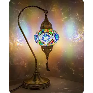 Turkish Moroccan Mosaic Table Lamp with Bronze Base - 3 Color Options Handmade Swan  Tiffany Mosaic Glass Bedside Lamps for Bedroom, 19" Blue1(LED Bulb Included)