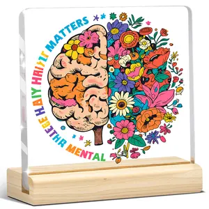 1pc Mental Health Acrylic Plaque with Wooden Base, Brain Floral Motivational Sign, Therapy Wellness Decor Gift, Positive Affirmations home decor office decor motivational gifts graduation gifts self-care gifts Christmas