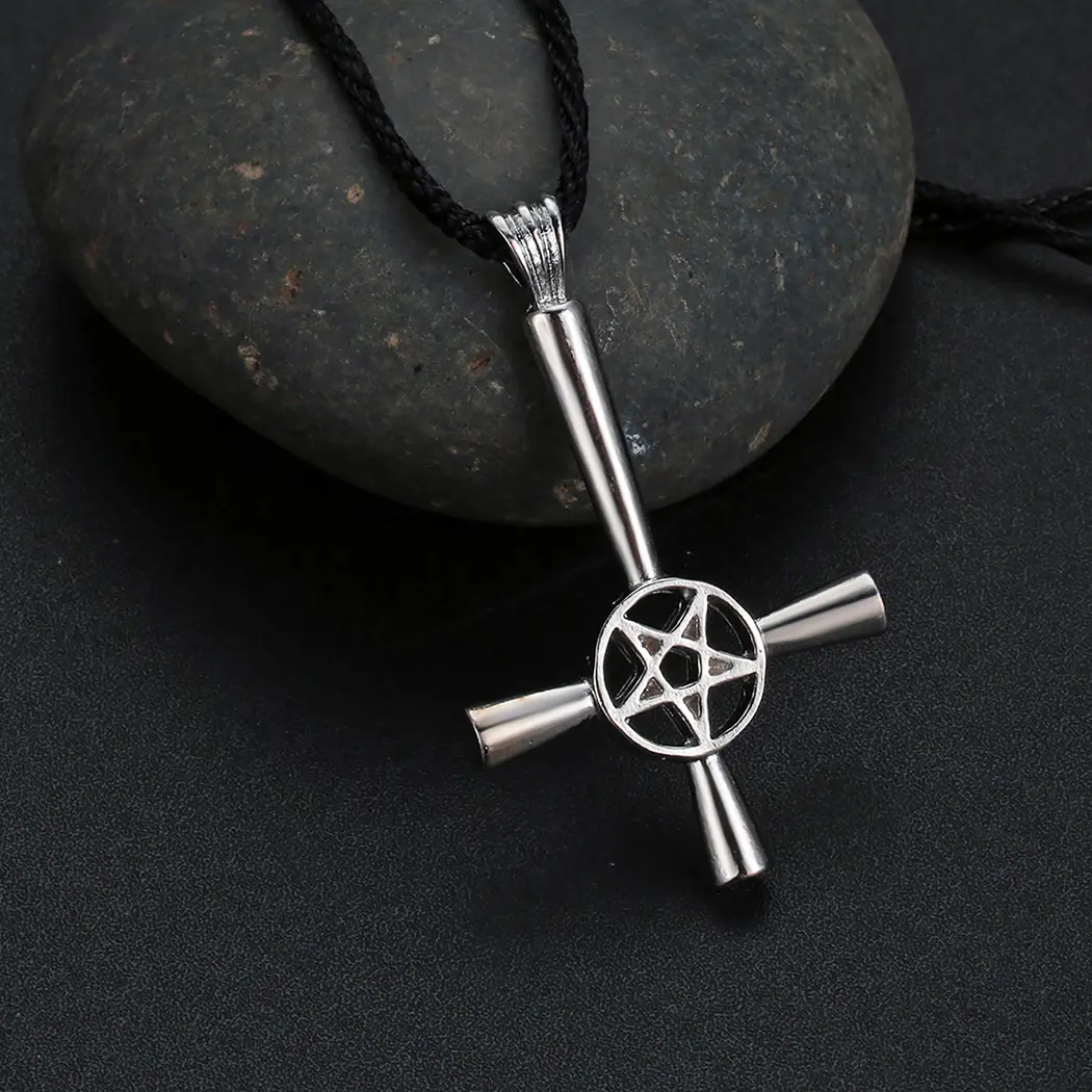 Kinitial Retro Inverted Pentagram Cross Pendant Necklace - Upside Down Lucifer Satanic Symbol Punk Fashion Jewelry Trends for Male Chain Jewelry Necklaces