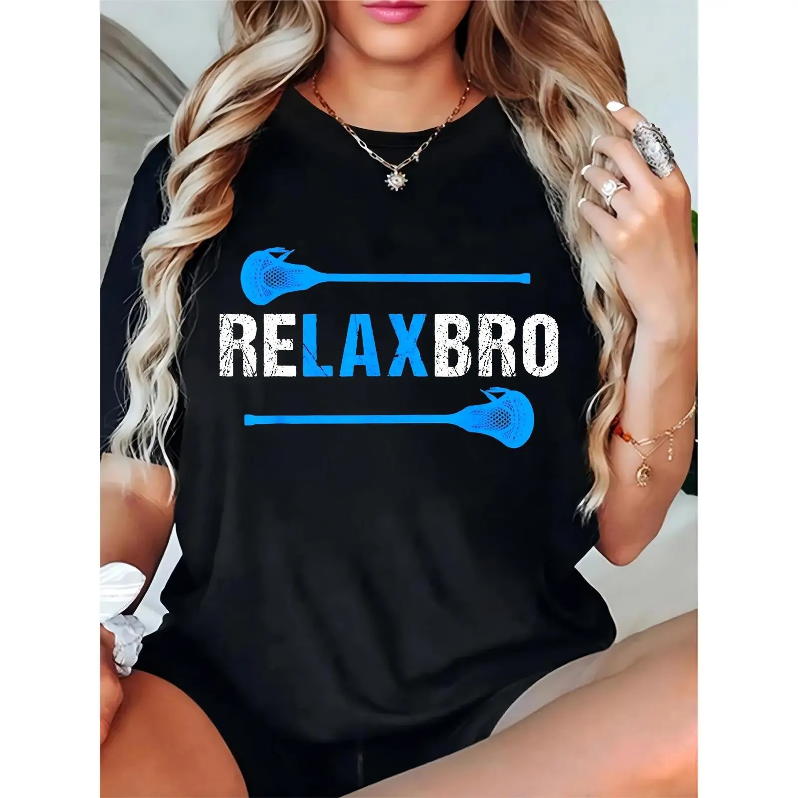 Women's 100% Cotton Lacrosse Graphic T-Shirt - RELAXBRO Print, Short Sleeve Round Neck Top, Lightweight Breathable Fit Casual Fan Wear