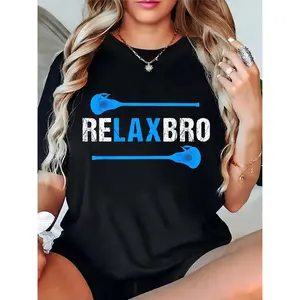Women's Black Lacrosse T-Shirt with Double Blue Sticks & RELAXBRO Graphic | Casual Sports Fan Wear for Lacrosse Players 100% Cotton T-shirt