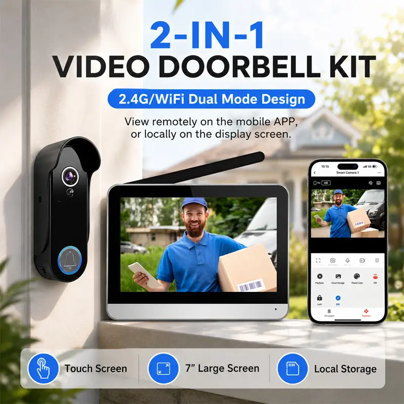 2-in-1 Video Doorbell Kit, 2.4G Local Connection, Works with Phone App, Supports 128GB Micro SD Card, 7" Touch Screen, Ultra Long Standby, HD Night Vision, Home Security Protection Set