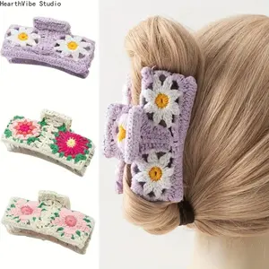 Large, Stylish Floral Knit Hair Clip – Plush Rectangular Hair Clip for Women | Ideal for Everyday Styling & Hair Accessories