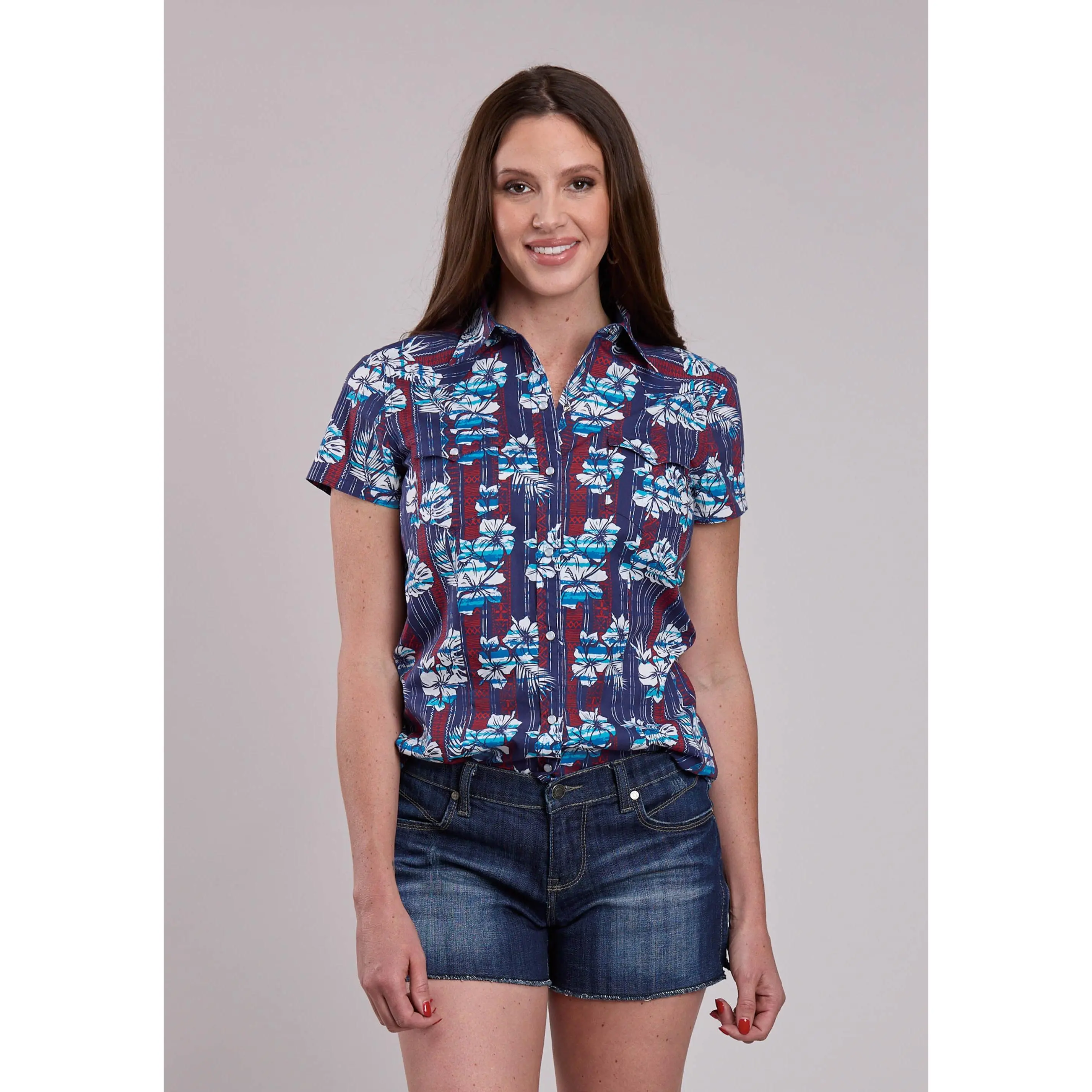 Womens Roper Distressed Tropical Aztec Print Short Sleeve Snap Shirt