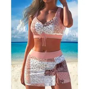 2026 New Arrival Two Piece Swimsuit Set, Pink & White Paisley Patchwork, Ruched Front Top & Side Tie Skirt For Pool Party