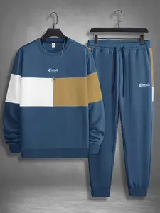 Men's Colorblock Print Sweatshirt & Pants Loungewear Two-piece Set, Casual Comfy Long Sleeve Pullover & Jogger Pants, Men's Sleepwear for Spring & Fall, Homewear