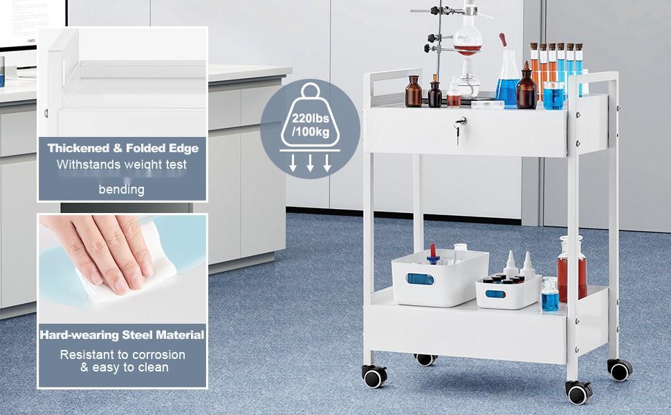 Lab Cart 2-Tier Stainless Steel Utility Cart, Medical Cart With 2 Drawers, Rolling Laboratory Cart In White Finish, Servicing And Transport Cart With Smooth Swivel Casters For Laboratory, Hospital, Dental Clinic, Salon And Beauty