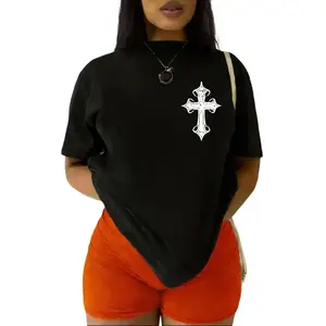 Cross Print Round Neck T-Shirt Graphic Tees Women Tops Tik Tok Shop T-Shirt Breathable Casual Cotton Short Tshirt