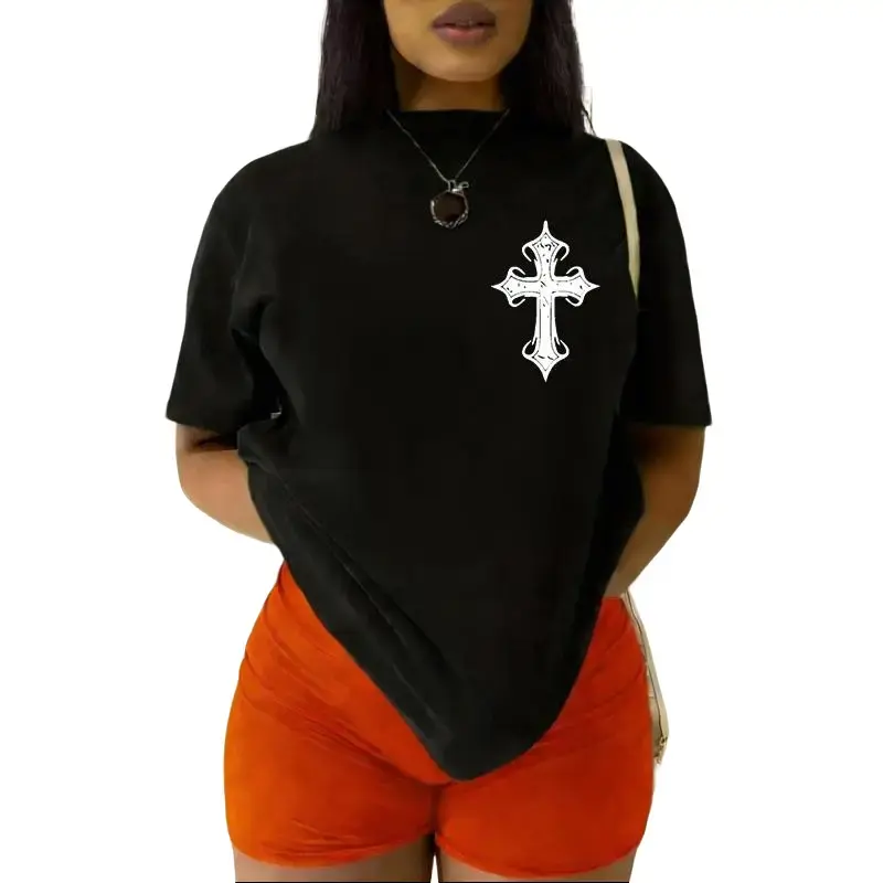 Women's Short-Sleeve Knitted Cotton T-Shirt - Round Neck, Cross & Plant Print, Breathable Soft Fabric Lady Top for All Seasons, TikTok Fashion Enthusiasts