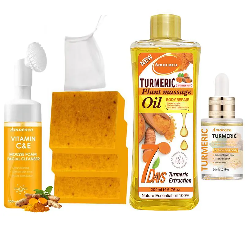 Turmeric Four Piece Skincare Set - Includes Turmeric Massage Oil, Cleansing Mousse, Facial Essential Oil, and Turmeric Soap - Comfortable