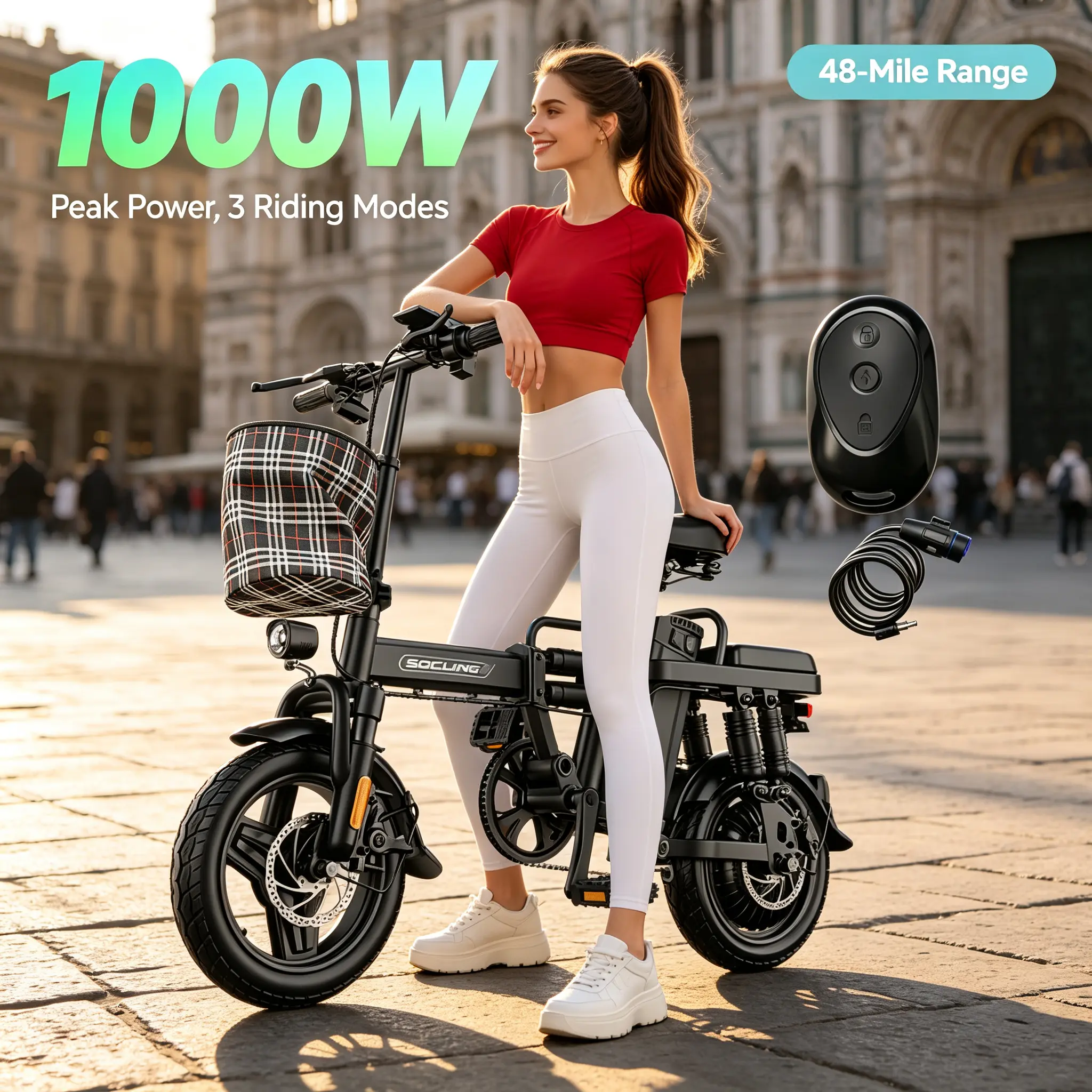 Folding Commuter E-Bike for Adults, Compact Carbon Steel Frame with 1000W Motor, 15Ah Removable Battery, 48 mi Range for City Biking