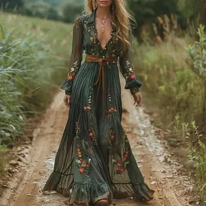 Vintage Floral Print Deep V Fashion High Waist Party Maxi Dress Autumn Women's Ethnic Lady Chic Bohemian Dresses  New Brown Belt