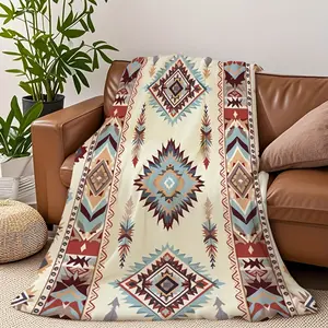 1 Native American Style Geometric Pattern Flannel Blanket - Cozy And Soft, Vibrant Earth Tone Design, Warm And Pilling Resistant, Machine Washable, Plush Shawl, Bed Blanket, Sofa Or Air Conditioning Blanket, Suitable For Napping, Camping, Travel