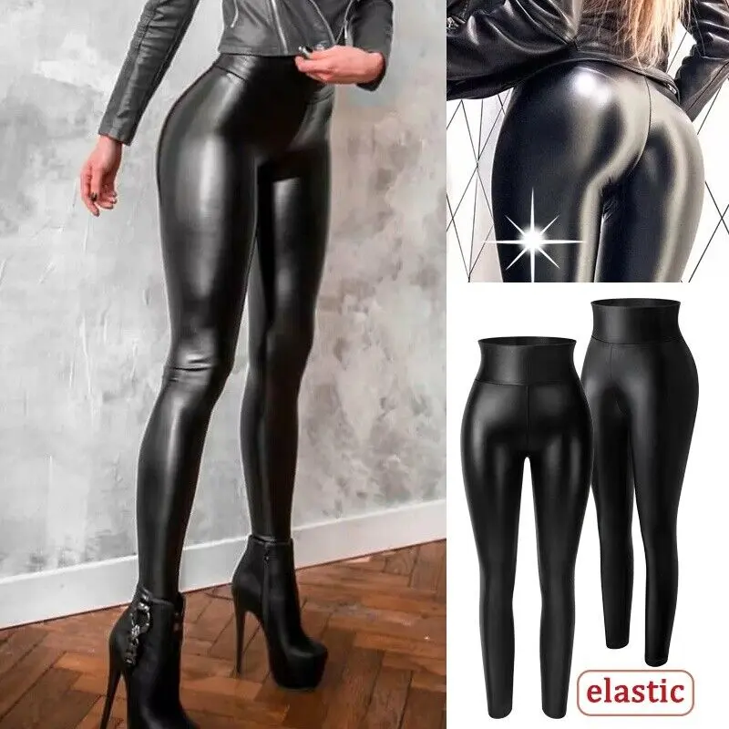 Women High Waist Stretchy Faux Leather Leggings Elastic PU Pencil Pants Trousers with Slim Fit Design, Comfortable Waistband, and Shiny Finish Perfect for Casual Wear, Party Outfits, Clubbing, and Daily Fashion Looks Skinny Womenswear